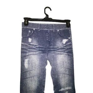 JUST - ONE DENIM PRINT FAKE JEANS DISTRESSING WHISKERING LEGGINGS SIZE LARGE